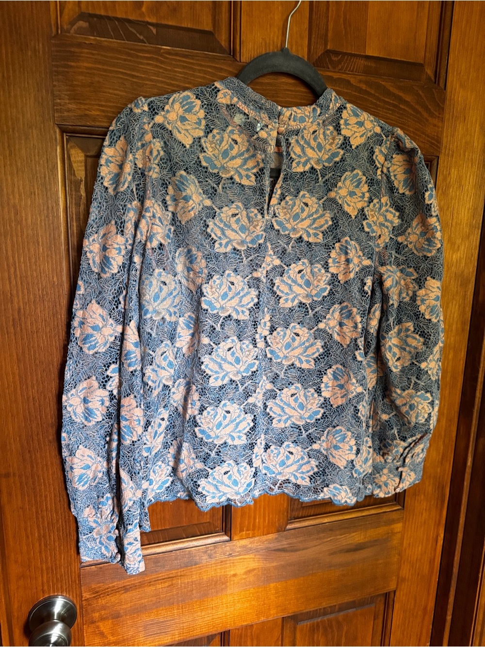 LOFT Blue Lace Floral Long-Sleeve Blouse with Peach Underlay - Picture 3 of 9